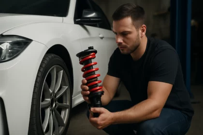 Muž inštaluje športový podvozok na biele auto.