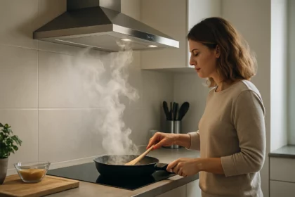 Žena varí v kuchyni pod digestorom s parou