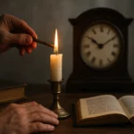 Osoba zapalujúca sviečku pred starým hodinovým strojom a otvorenou knihou