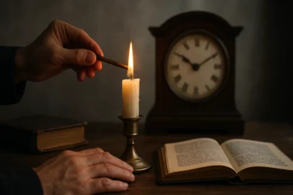 Osoba zapalujúca sviečku pred starým hodinovým strojom a otvorenou knihou
