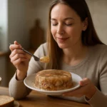 Žena vychutnávajúca si huspeninu s úžasom a spokojnosťou.