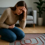 Žena s bolesťou brucha pri podlahovom kúrení v obývacej izbe.