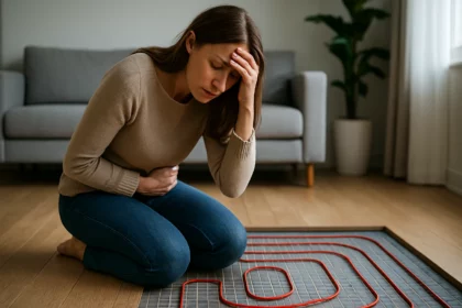 Žena s bolesťou brucha pri podlahovom kúrení v obývacej izbe.