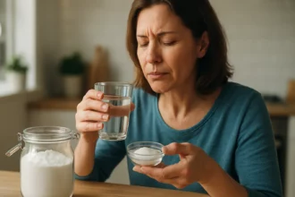 Žena s jedlou sódou a vodou na zlepšenie trávenia.