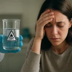 Žena s bolestivým výrazom pri pohľade na nebezpečný chemický roztok.