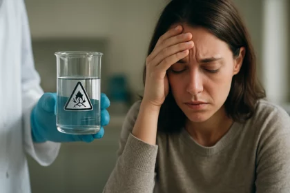 Žena s bolestivým výrazom pri pohľade na nebezpečný chemický roztok.