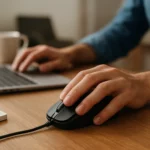 Ruka s mechanickou myšou pracuje na laptopu na drevenom stole