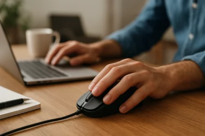 Ruka s mechanickou myšou pracuje na laptopu na drevenom stole