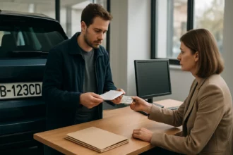 Muž odovzdáva dokumenty zamestnankyni úradu s autom v pozadí.