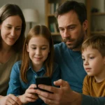 Rodina sa pozerá na mobilný telefón, pričom diskutujú o jeho funkciách.