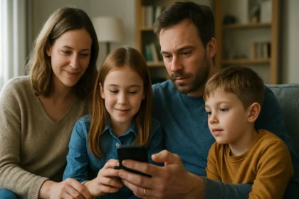 Rodina sa pozerá na mobilný telefón, pričom diskutujú o jeho funkciách.