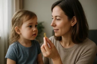 Mama a dieťa sa učia o omega-3 mastných kyselinách cez doplnky stravy.