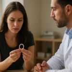 Mladá žena so starosťami o vaginálny krúžok a dermatológ.