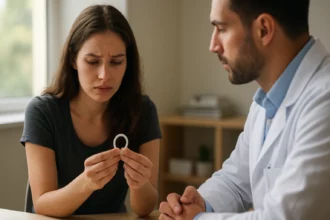 Mladá žena so starosťami o vaginálny krúžok a dermatológ.