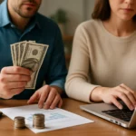Pár diskutuje o financiách s bankovkami a mincami na stole