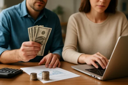 Pár diskutuje o financiách s bankovkami a mincami na stole