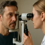 Očný vyšetrenie: muž na vyšetrení zraku u očnej lekárky.