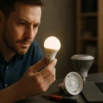 Muž skúma LED žiarovku v blízkosti notebooku a ďalších svetelných zdrojov.