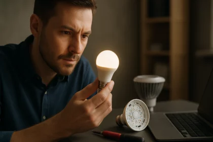 Muž skúma LED žiarovku v blízkosti notebooku a ďalších svetelných zdrojov.