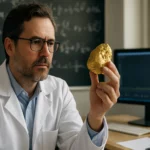 Vedec skúma zlatý kameň v laboratóriu