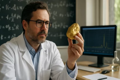 Vedec skúma zlatý kameň v laboratóriu