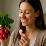 Žena s reďkovkami, symbolizujúca zdravé stravovanie a výhody reďkovky