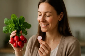 Žena s reďkovkami, symbolizujúca zdravé stravovanie a výhody reďkovky