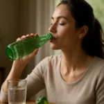 Mladá žena pije minerálnu vodu Peridot z sklenenej fľaše