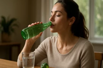 Mladá žena pije minerálnu vodu Peridot z sklenenej fľaše