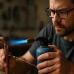 Muž používajúci benzínovú spájkovaciu lampu na spájkovanie