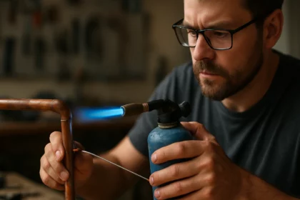 Muž používajúci benzínovú spájkovaciu lampu na spájkovanie