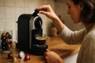 Žena pripravuje kávu pomocou kapsulového kávovaru v modernej kuchyni.