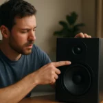 Muž skúma reproduktor a jeho zvukové funkcie.