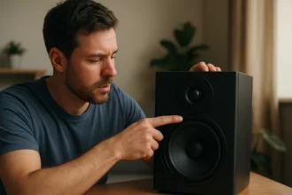 Muž skúma reproduktor a jeho zvukové funkcie.