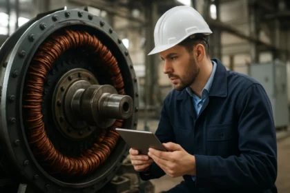 Technik analyzujúci voľnobežný generátor v priemyselnom prostredí.