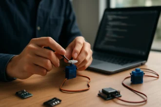 Osoba manipulujúca so servomotorom na pracovnej ploche