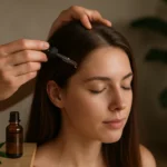 A woman receiving tea tree oil treatment on her scalp for hair care.