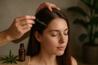 A woman receiving tea tree oil treatment on her scalp for hair care.