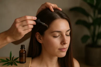 A woman receiving tea tree oil treatment on her scalp for hair care.