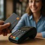 Osoba platí čipovou kartou na bezkontaktnom platobnom termináli.