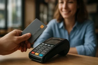 Osoba platí čipovou kartou na bezkontaktnom platobnom termináli.