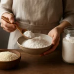 Osoba drží lyžicu ryžovej múky nad miskou s ryžou na drevenom stole.