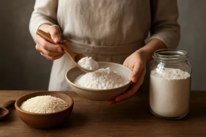 Osoba drží lyžicu ryžovej múky nad miskou s ryžou na drevenom stole.