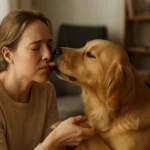 Žena sa usmieva na psa, zatiaľ čo jej olizuje tvár.