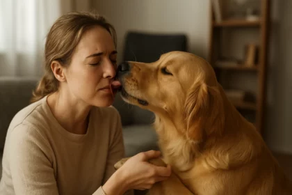 Žena sa usmieva na psa, zatiaľ čo jej olizuje tvár.