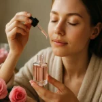 Žena aplikuje ružový olej na pleť pre zdravú a krásnu pokožku.