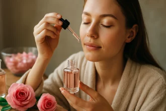 Žena aplikuje ružový olej na pleť pre zdravú a krásnu pokožku.