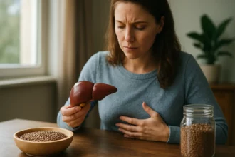 Žena skúma zdravie pečene a semienka ľanu na stoloch