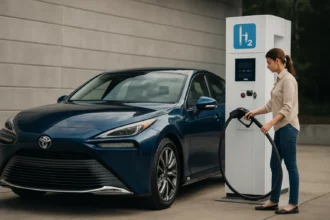 Žena tankuje vodík do Toyota Mirai pri čerpacej stanici.
