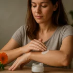 Žena nanášajúca krém s nechtíkom na pokožku.